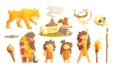 İlkel İnsanlar ve Taş Devri Semboller seti, Tarih Öncesi Aile, Kılıç Dişli Kaplan ve Araçlar Vektör İllüstrasyon