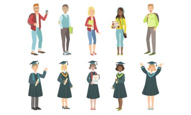 Kolej veya Üniversite Öğrencileri Seti, Akademik Önlük ve Mezuniyet Şapkası Giyen Mutlu Mezun Öğrenciler, Gündelik Kıyafetler vektör çizimi erkek ve kız öğrenciler