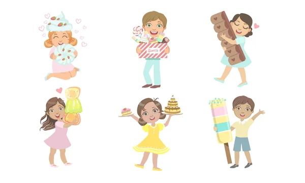 Sevimli Çocuklar Yeme Tatlı tatlılar seti, Marshmallow, Çikolata, Kek, Marmelat, Dondurma Vektör İllüstrasyon ile Happy Boys ve Girls — Stok Vektör