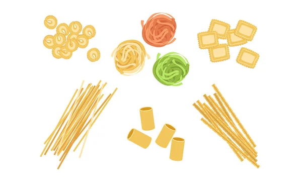 Droge pasta assortiment set, Italiaanse traditionele gerechten van verschillende soorten en vormen vector illustratie — Stockvector