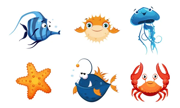 Cute Friendly Sea Creatures Set, Colorful Sea Fishes and Animals Vector Illustration — Stock Vector