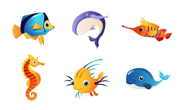 Cute Friendly Sea Creatures Set, Colorful Marine Fishes and Animals Vector Illustration — Stock Vector