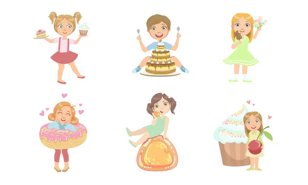 Crianças com conjunto de sobremesas doces, meninos e meninas felizes comendo bolo, doces, sorvete, Donut Vector Ilustração —  Vetores de Stock