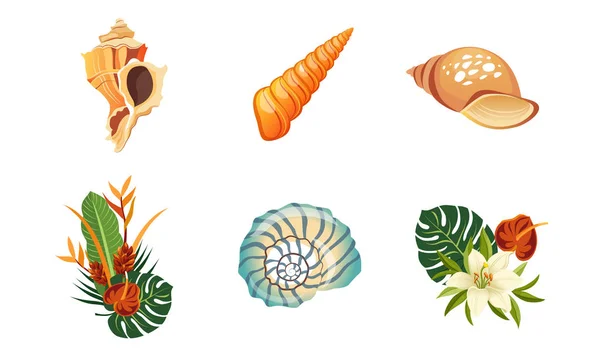 Conjunto de conchas de mar, hojas de palma y flores, elementos de diseño de paisaje tropical de verano Vector Illustration — Vector de stock