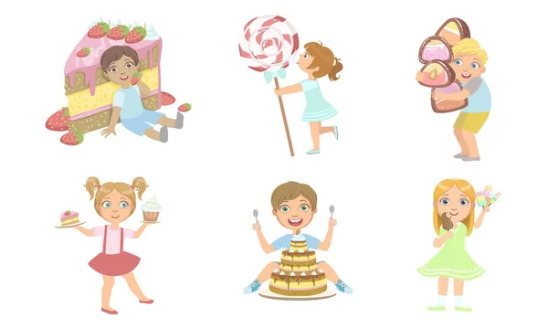 Lindos niños con postres dulces, niños y niñas sonrientes comiendo pastel, caramelos, helado, ilustración vectorial de paletas — Archivo Imágenes Vectoriales