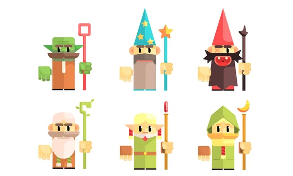 Sorcerers and Dwarves Set, Fairy Tale Design Elements, Fantasy Game Heroes Vector Illustration — Wektor stockowy