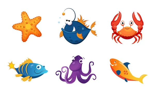 Lindo conjunto de criaturas marinas amistosas, coloridos animales marinos adorables Vector Ilustración — Vector de stock