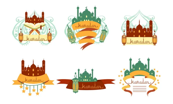 Ramadan Kareem Labels Set, Islamic Holy Holiday Badges, Card, Banner, Poster Design Element Vector Illustration — Stock Vector