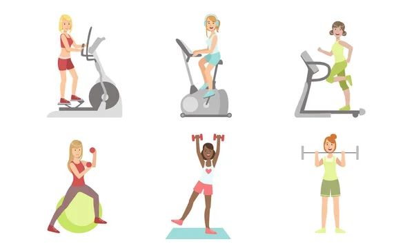 Jonge vrouwen doen fitnessoefeningen in Gym set, meisjes training met loopband, hometrainer, dumbbells en barbell vector illustratie — Stockvector