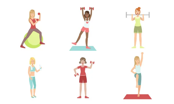Jovens mulheres fazendo exercícios de fitness em conjunto de ginástica, treinamento de meninas magras com halteres e ilustração de vetor de barra — Vetor de Stock