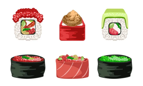 Sushi Rolls set, traditionell japansk mat, läckra skaldjur, asiatiska köket restaurang design Elements vektor illustration — Stock vektor