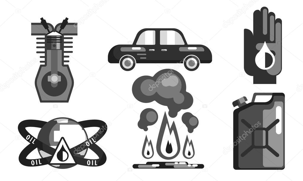 Gasoline Processing Black Symbols Set, Oil Industry Production Flat Vector Illustration