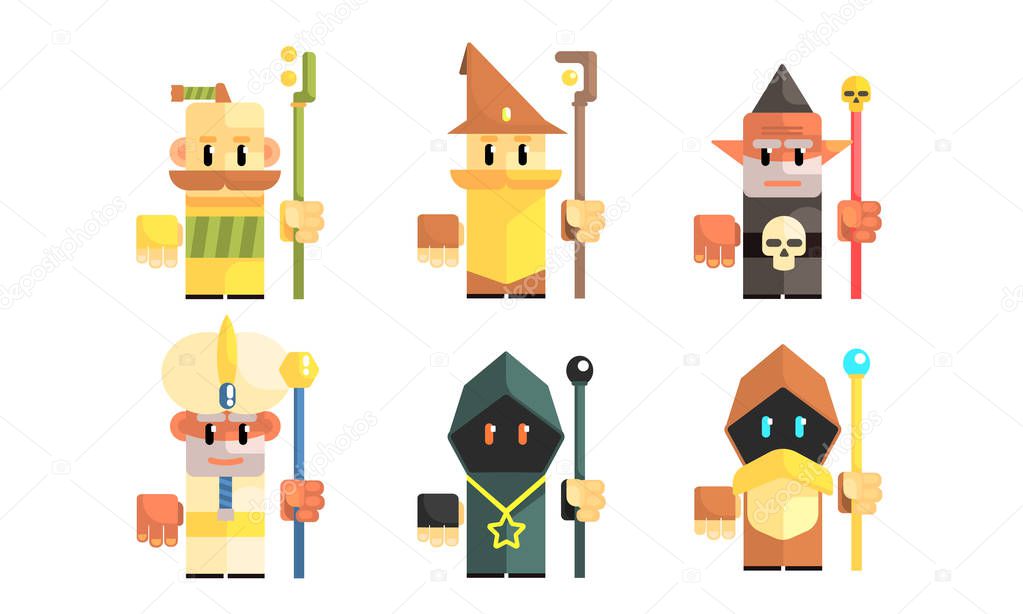 Dwarves with Magical Staves Set, Fairy Tale Design Elements, Fantasy Game Heroes Vector Illustration