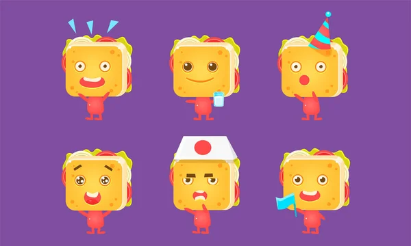Lustiges Sandwiches-Set, Lebensmittelcharaktere mit unterschiedlichen Emotionen Vektor-Illustration — Stockvektor