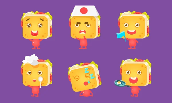 Αστεία σετ σάντουιτς, χαριτωμένοι χαρακτήρες τροφίμων με διαφορετικά συναισθήματα εικόνα διάνυσμα — Διανυσματικό Αρχείο