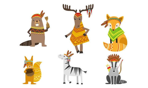 Conjunto de animais de padrão étnico, Cavalos, Castor, Esquilo, Zebra, Guaxinim, Ilustração do Vetor de Veado — Vetor de Stock