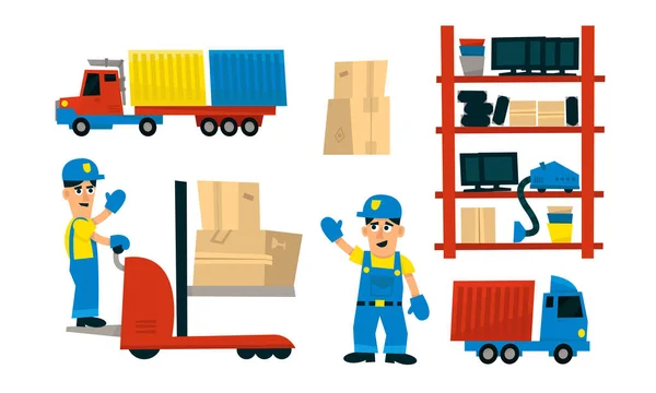 Service Delivery Set, Lastbilar Transport, Lagerbyggnad, Logistikcenter, Lastning, Lossning, Varuleverans Vektor Illustration — Stock vektor