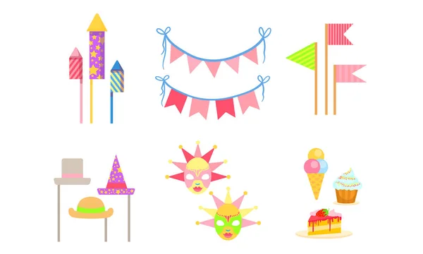 Conjunto de símbolos de festa, Aniversário de celebração, Carnaval, Mascarada, Ilustração de vetor de objetos de férias coloridos —  Vetores de Stock