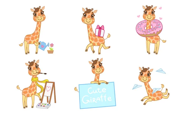 Śliczne urocze żyrafa zestaw znaków, wesoły Lovely zwierząt w różnych sytuacjach wektor ilustracji — Wektor stockowy