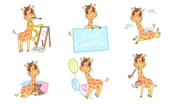 Schattig schattig Giraffe cartoon karakter set, vrolijk mooi dier in verschillende situaties vector illustratie — Stockvector