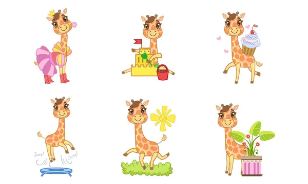 Cute Giraffe Cartoon Character Set, Adorable Animal in Different Situations Vector Illustration — Stock Vector