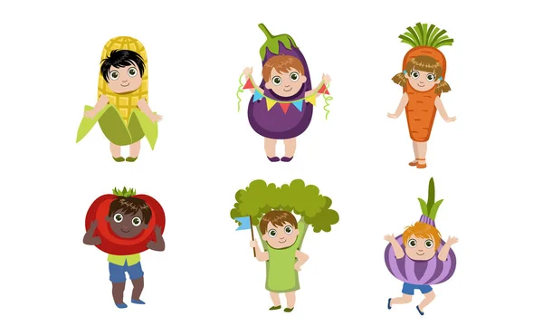 Schattige kleine kinderen gekleed als groenten set, maïs COB, aubergine, wortel, tomaat, broccoli, knoflook vector illustratie — Stockvector