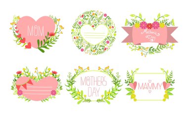 Çiçekler Seti ile Anneler Günü Kartı Şablonları, Tasarım Elemanı Tebrik Kartı, Davetiye, Poster, Banner Vektör İllüstrasyon için Kullanılabilir