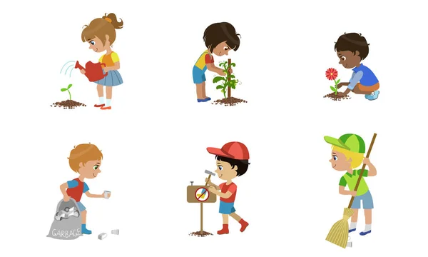 Kids Volunteers Set, Children Gathering Plastic Waste, Planting Trees and Flowers, Sweeping Street Vector Illustration Royalty Free Stock Vectors