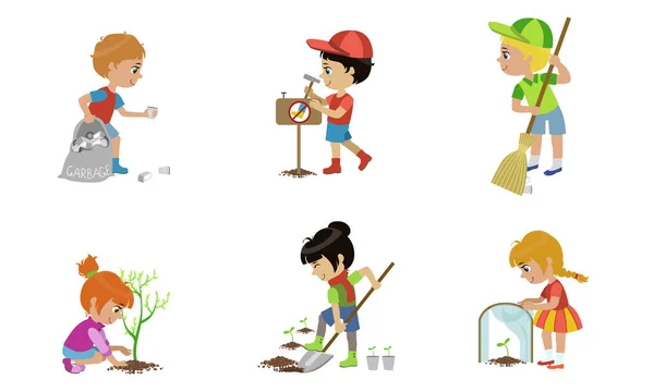 Kids Volunteers Set, Children Gathering Plastic Waste, Planting Trees, Sweeping Street Vector Illustration Vector Graphics