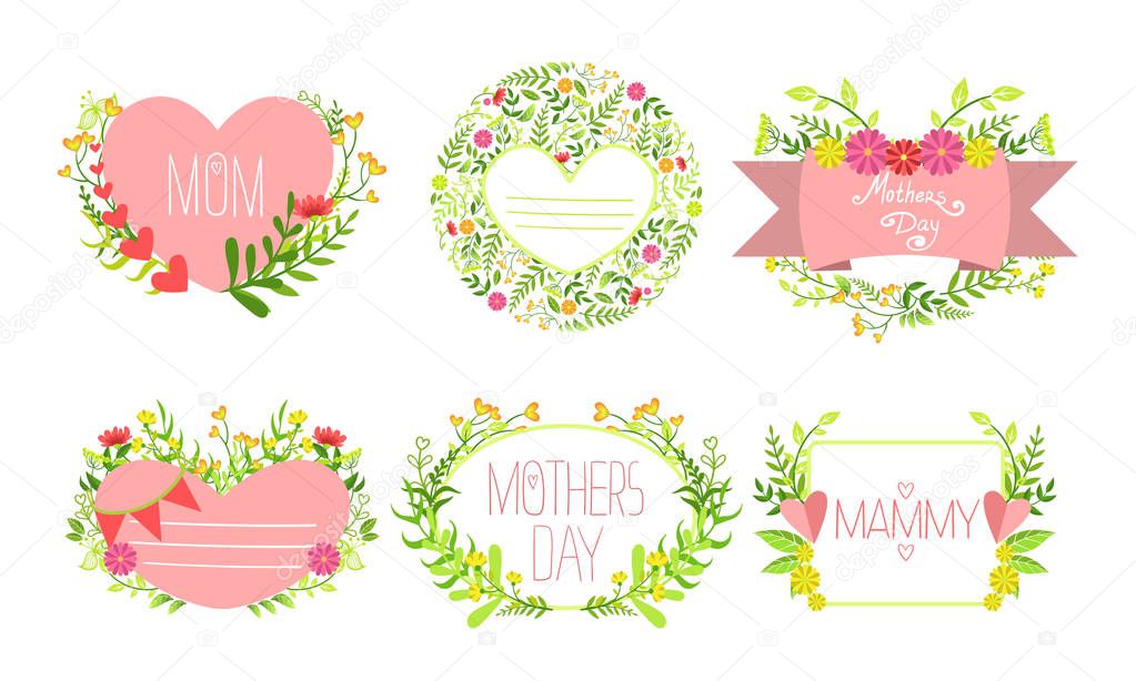 Mothers Day Card Templates with Flowers Set, Design Element Can Be Used for Greeting Card, Invitation, Poster, Banner Vector Illustration