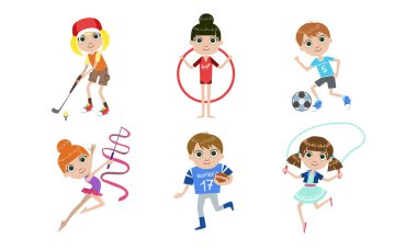 Çocuklar Spor Seti Farklı Tür Yapıyor, Erkek ve Kızlar Golf, Futbol, Futbol, İp Vektör İllüstrasyon Atlama ile Atlama