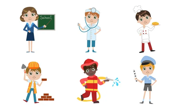 Kinder aus verschiedenen Berufen eingestellt, Lehrer, Arzt, Koch, Bauarbeiter, Feuerwehrmann, Verkehrslotse Vektor Illustration — Stockvektor
