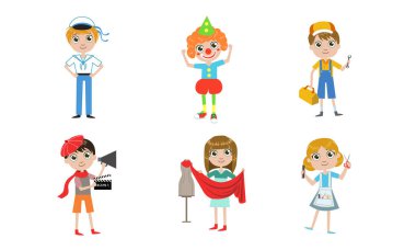 Farklı Meslekler Seti, Denizci, Palyaço, Tesisatçı, Terzi, Kuaför, Yönetmen Vektör İllüstrasyon Kids