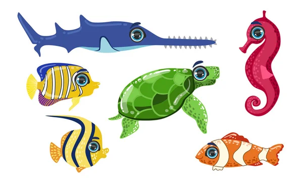 Cute Sea Creatures Collection, Colorido Adorável Oceano Animais e Peixes Vector Ilustração — Vetor de Stock