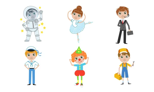 Děti různých profesí set, astronaut, Ballerina, obchodník, námořník, klaun a instalatér Vector ilustrace — Stockový vektor