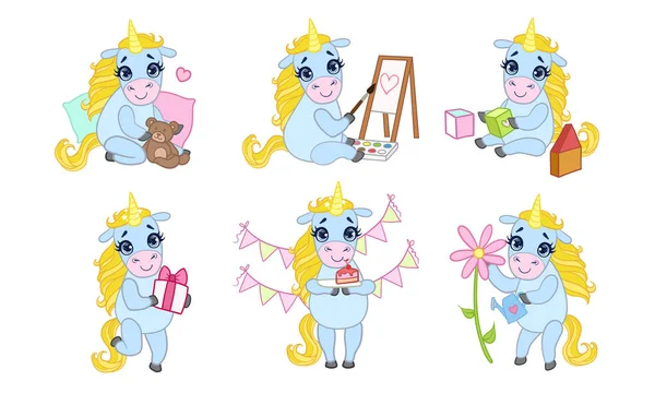 Adorable Unicorn Cartoon zestaw znaków, cute Fantasy wesoły zwierząt w różnych sytuacjach wektor ilustracji — Wektor stockowy