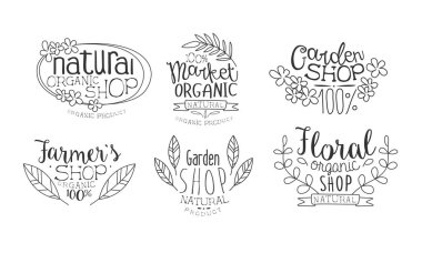 Doğal Organik Mağaza El Çizilmiş Rozetler Seti, Market Organik, Bahçe Dükkanı, Çiftçi Pazarı Monokrom Vektör İllüstrasyon