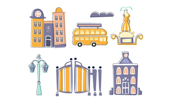 城市景观元素集， 城镇住宅， 喷泉， 灯笼， 巴士手绘矢量插图 — 图库矢量图片