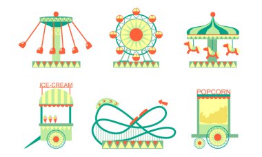 Lunapark Konumlar Simgeler Seti, Roller Coaster, Dönme Dolap, Dondurma ve Patlamış Mısır Arabaları Vektör İllüstrasyon