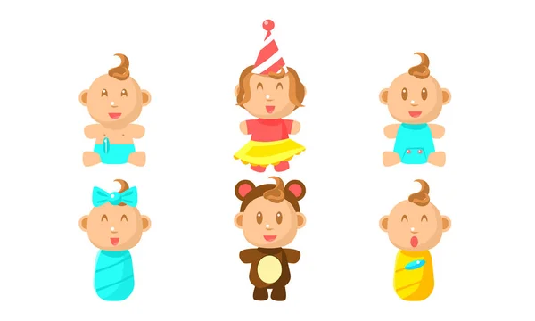 Petit jeu de caractères bébé mignon, adorable garçon ou fille Illustration vectorielle de routine quotidienne — Image vectorielle