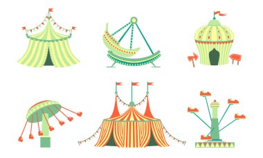 Eğlence Parkı Simgeleri Seti, Karnaval, Festival Funfair Konumlar Vektör İllüstrasyon