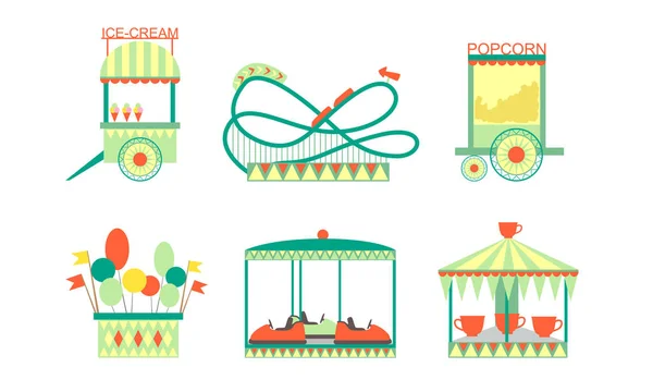 Atracciones del Parque de Atracciones Conjunto de iconos, Montaña rusa, Rueda de la fortuna, Coches de parachoques, Helados y carretas de palomitas de maíz Vector Ilustración — Archivo Imágenes Vectoriales