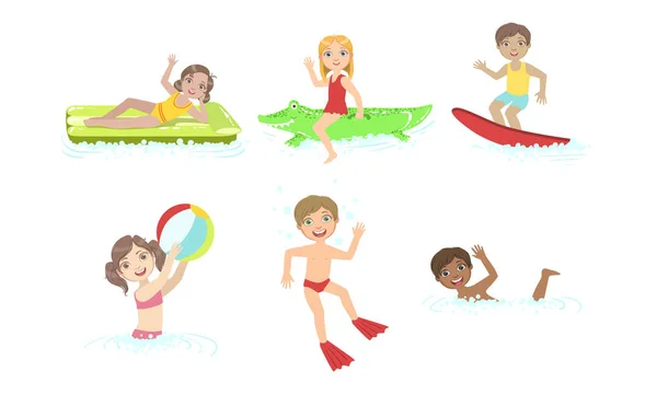 Niños nadando y flotando en los juguetes inflables en la piscina, niños que se divierten en la ilustración del vector del agua — Vector de stock