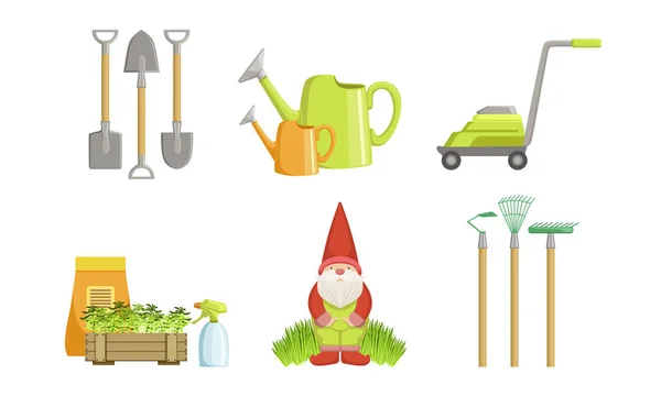 Tuingereedschap set, tuinieren apparatuur, schep, gieter, gnome, Rakes, grasmaaier vector illustratie — Stockvector