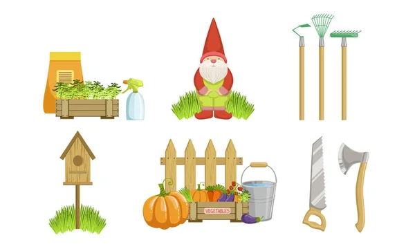 Conjunto de herramientas de jardín, equipo de jardinería y elementos de decoración Vector Illustration — Vector de stock