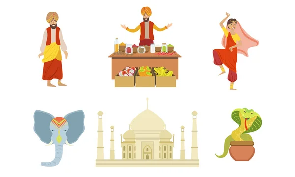 Set di simboli tradizionali indiani, elefanti, taj mahal, cobra e indiani nell'illustrazione vettoriale dell'abbigliamento tradizionale — Vettoriale Stock