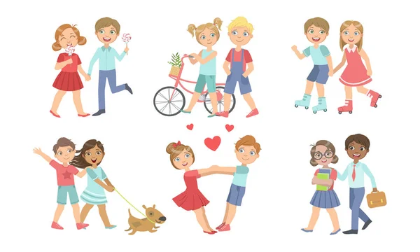 Lindo conjunto de parejas de adolescentes, adorables niños y niñas caminando juntos sosteniendo las manos Vector ilustración — Archivo Imágenes Vectoriales