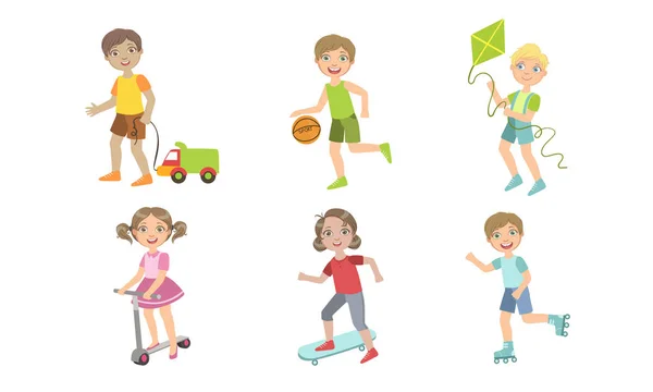儿童夏季户外活动集，可爱的男孩和女孩做运动，和玩矢量插图 — 图库矢量图片
