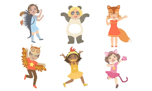 Simpatici bambini felici vestiti costumi animali Set, Riccio, Panda, Volpe, Gufo, Pollo, Cat Vector Illustrazione — Vettoriale Stock