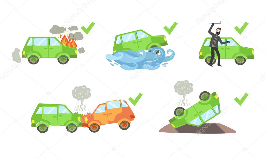 Car Insurance Set, Different Types of Auto Insurance Cases Vector Illustration